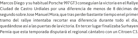 Marcos Diego y su habitual Porsche 997 GT3 conseguían la victoria en el Rallye Ciudad de Castro Urdiales por una diferencia de menos de 8 décimas de segundo sobre Jose Manuel Mora, que tras perder bastante tiempo en el primer tramo del rallye intentaba recortar esa diferencia durante todo el dia, quedándose así a las puertas de la victoria. En tercer lugar finalizaba Surhayen Pernía que esta temporada disputará el regional cántabro con un Citroen C3.